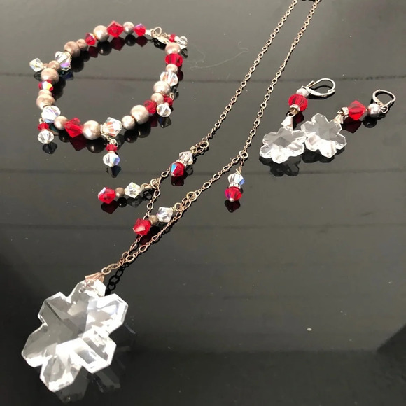 Necklace set of red white Swarovski sterling chain - Picture 1 of 6